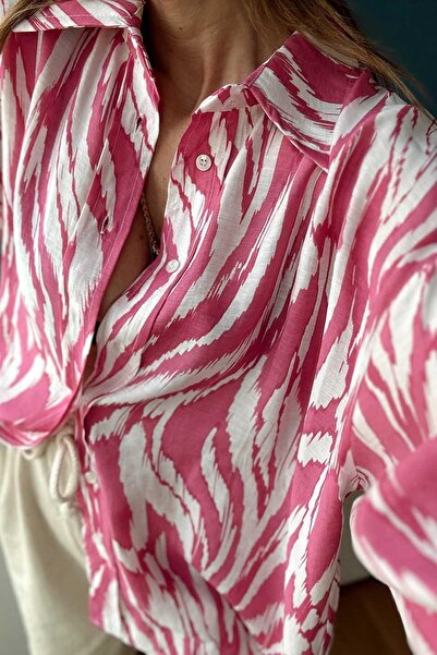 Laluvia Růžová dámská košile oversize se vzorem z viskózové látky