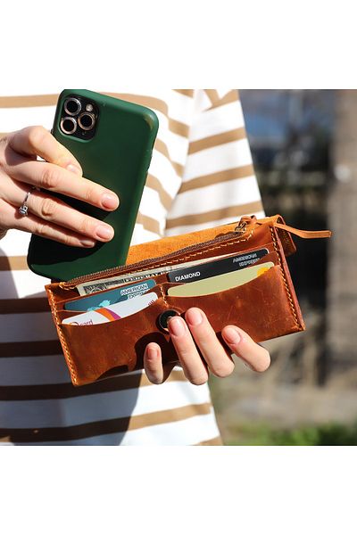 REON CRAFT Genuine Leather Clutch Women's Wallet Extra Capacity 100% Handmade Camel