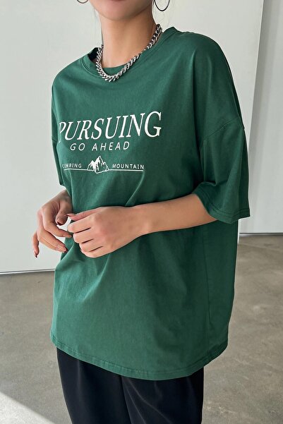 MODAGEN Women's Green Front Pursuing Printed Oversize Crew Neck Tshirt