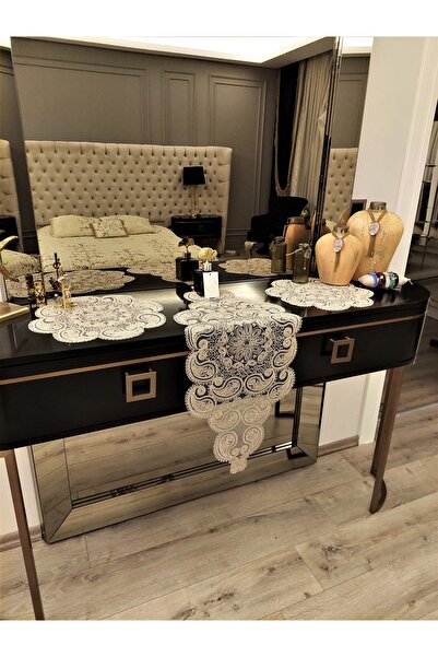 CAMİNHO DA LUA Damla 5 Parça Lüks Runner Salon Oda Sehpa Masa Örtü Takımı Fransız Güpürlü Çeyizlik Set Kapiçino