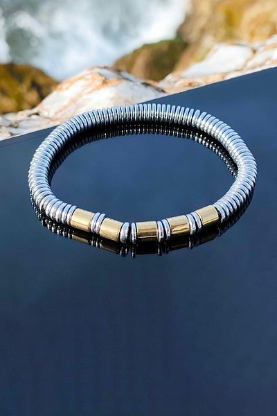 TREND COLLECTİON Silver Hematite Gold Embroidered Natural Stone Prism Model Adjustable Men's Bracelet