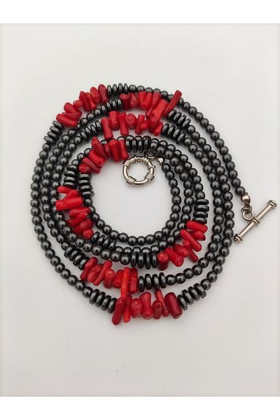 Stoneage Hematite Coral Sailor Lock Evil Eye and Healing Necklace