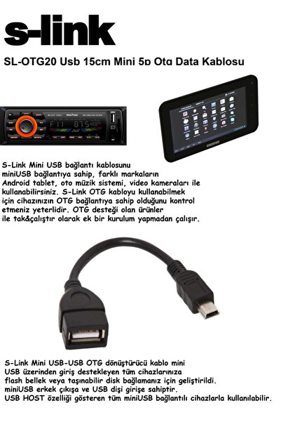 S-LINK SL-OTG20 Mini 5p To Otg Usb Dişi Data Kablosu Tablet Pc İçin