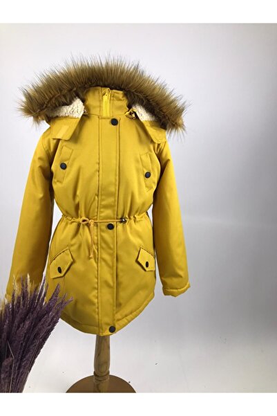 Nacar Çocuk Kanvas Mont 2023 Trend Unisex Kışlık Büzmeli Diz Üstü Içi Kürk Kapüşonlu Kaban Mont