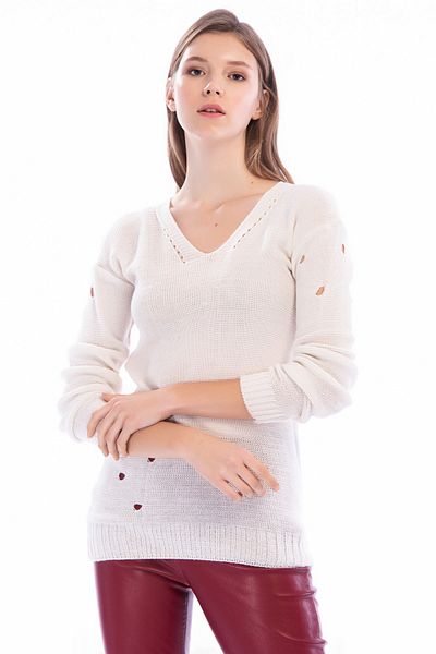 Alesia Women's Beige V-Neck Knitwear Blouse