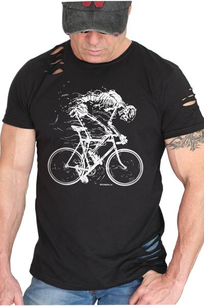 ROCKANDROLL Tricou negru pentru bărbați cu mânecă scurtă ruptă Faster