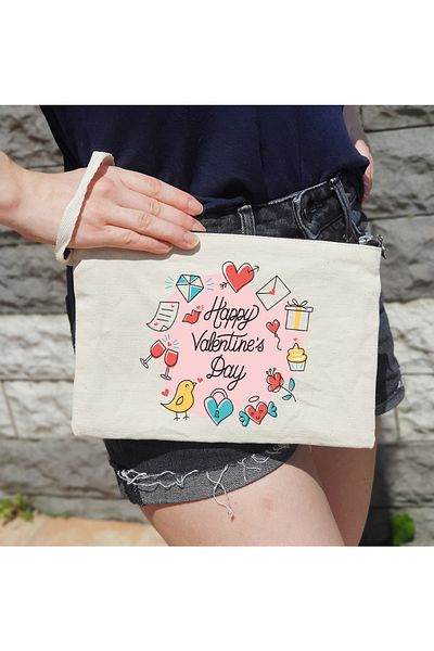 PEKSHOP Γυναικεία τσάντα μακιγιάζ Happy Valentines Day με γραπτή γραμμή