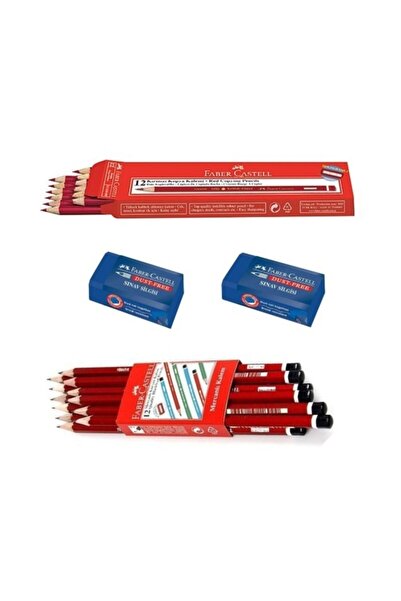 Faber Castell .12 قلم نسخ أحمر، 12 قلم رصاص مرجاني، 2 ممحاة زرقاء