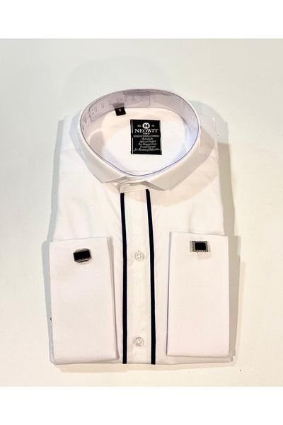 neowit White Black Striped Slim Fit Shirt with Cufflinks