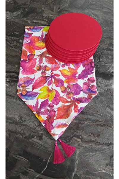 dehaberk عداء منقوش على شكل ورقة شجر + طقم مفارش أطباق باللون الأحمر مكون من ...