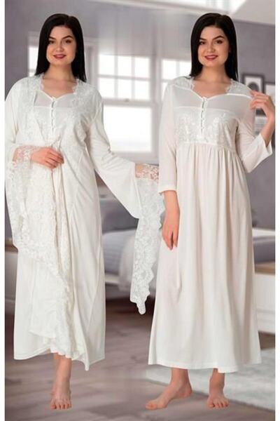 Lohussa Effort Ecru Special Lace Maternity Nightgown Dressing Gown Set