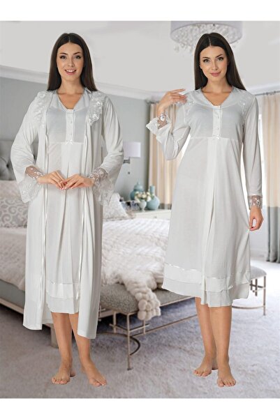 Lohussa Effort Екрю з мереживною обробкою, довгі рукави, нічна сорочка для ва...