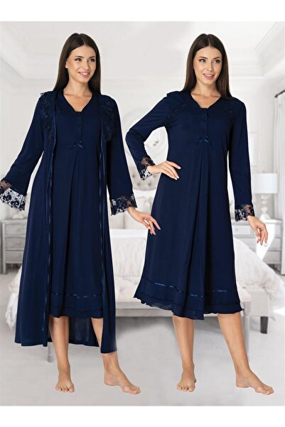 Lohussa Effort Синій мереживний довгий рукав для вагітних та молодих мам, нічна сорочка та халат