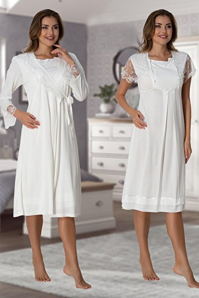 Lohussa Effort Ecru Midi Lace Maternity Nightgown Σετ ρόμπα