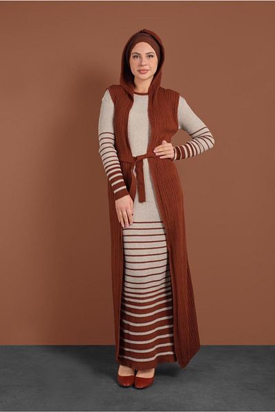 TRENDTESETTÜR Γυναικείο Μπεζ (BEIGE-TABA) Πλεκτό Γιλέκο Σετ 2424