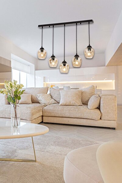 Tavcam Yumru Füme Camlı 5'li Sıralı Sarkıt Avize