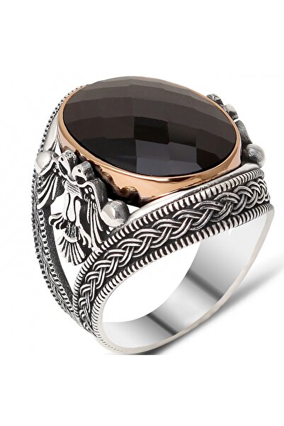 modasilvers Siyah Oniks Taşlı Çift Başlı Kartal Işlemeli Gümüş Erkek Yüzük