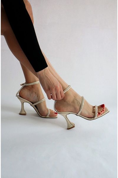 Ömer Ediz Shoes Sandale Bej Satin Stone Detailate