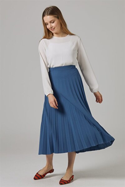 Essah Moda Kadın Mavi Piliseli Uzun Etek - Me000316