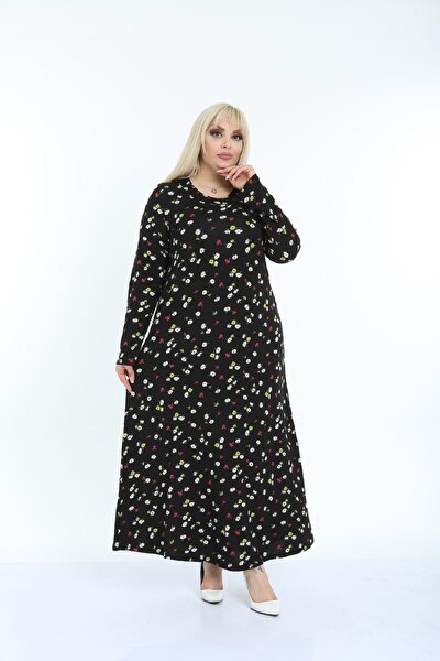 Şirin Butik Women's Black Daisy Patterned Collar Trim Viscose Dress