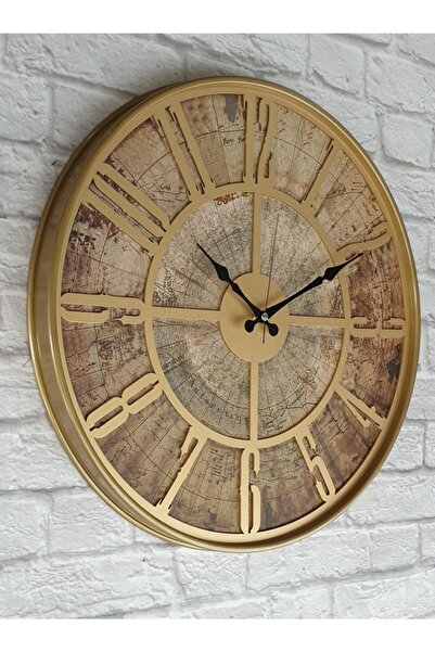 Markakanvas Metal Kasalı Eski Dünya Haritalı Duvar Saati Altın(gold) Renkli 50cm
