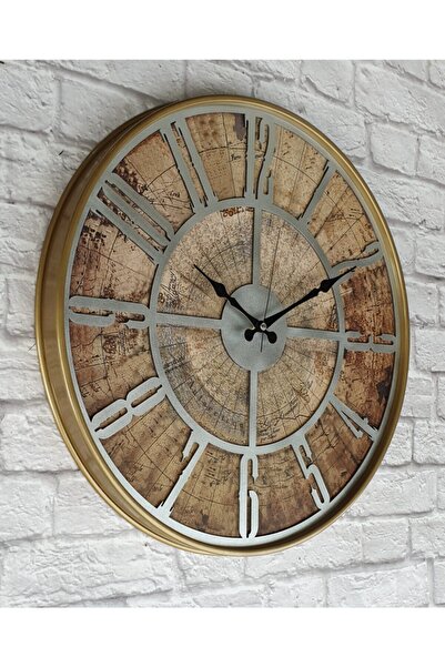 Markakanvas Metal Kasalı Eski Dünya Haritalı Duvar Saati Metalik Gri 50cm