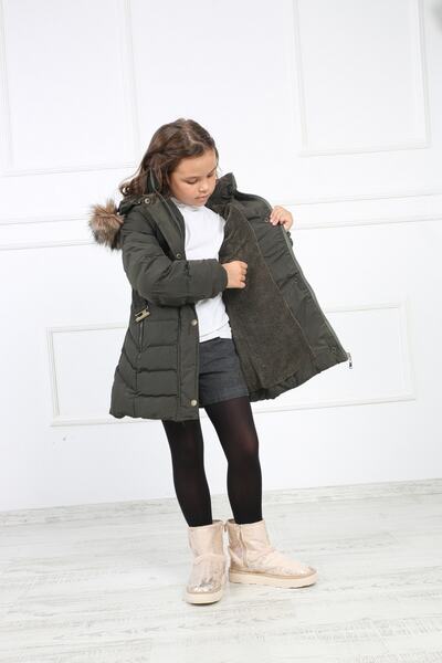 B&T Palton puf de pluș kaki pentru fete, cu centură detașabilă