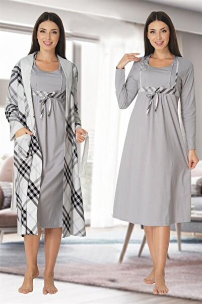 Lohussa Effort Grey μακρυμάνικο καρό νυχτικό εγκυμοσύνης σετ ρόμπα