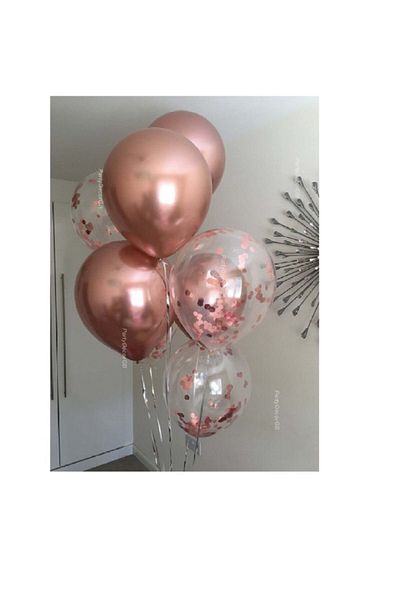 Atakent Süs 5 Bronze Chrome Balloons 5 Transparent Balloons with Rose Gold Confetti
