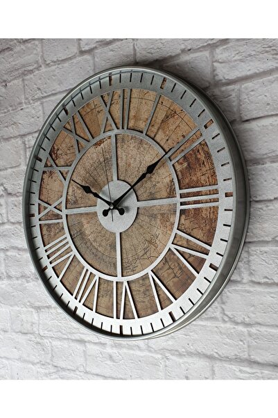 Markakanvas Metal Kasalı Eski Dünya Haritalı Duvar Saati Metalik Gri 50cm