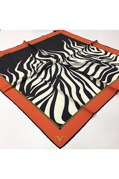 19V69 ITALIA Turuncu Beyaz Siyah Twill Eşarp Black Seri 90x90 Cm Eşarp Askısı...