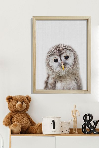 Dekor Loft Pictură murală pentru camera bebelușilor și copiilor cu ramă de pin natural Bufniță
