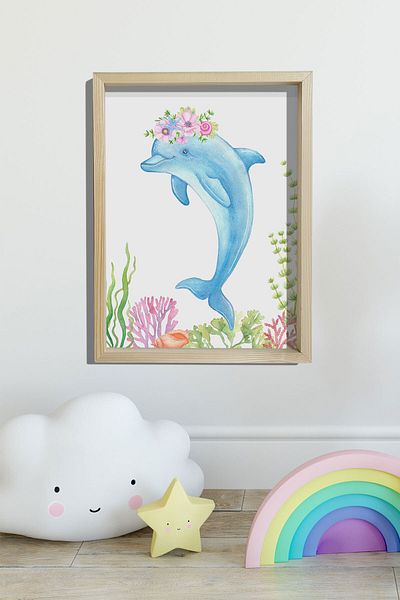 Dekor Loft Pictură murală pentru cameră pentru bebeluși și copii cu cadru de pin natural Delfin cu flori