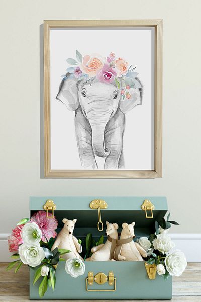 Dekor Loft Pictură murală pentru cameră pentru bebeluși și copii cu cadru de pin natural elefant înflorit