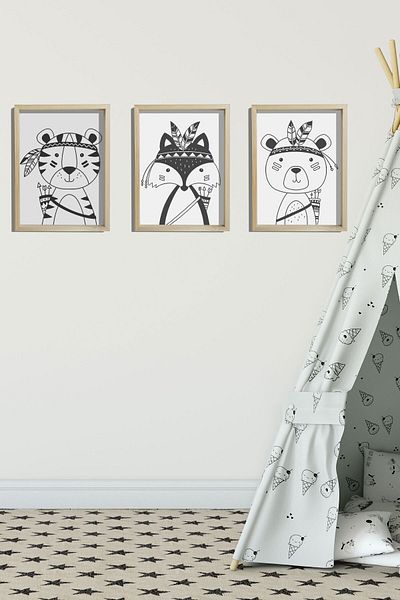 Dekor Loft Ζωγραφική τοίχου βρεφικού και παιδικού δωματίου με φυσικό πεύκο Φίλοι Ινδών