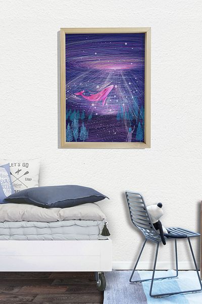 Dekor Loft Pictură murală pentru camera bebelușilor și copiilor cu cadru de pin natural Visul cu balene