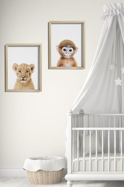 Dekor Loft Pictură murală pentru cameră pentru bebeluși și copii cu cadru de pin natural Panda și maimuța drăguțe