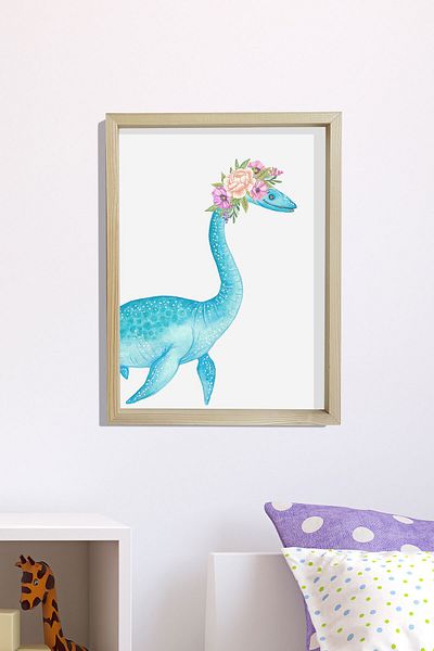Dekor Loft Pictură murală pentru camera bebelușilor și copiilor cu cadru natural de pin Dinozaur drăguț cu flori