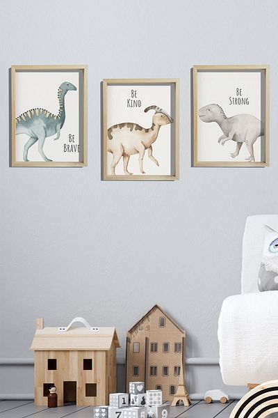 Dekor Loft Pictură murală pentru camera bebelușilor și copiilor cu cadru din pin natural Dinozauri