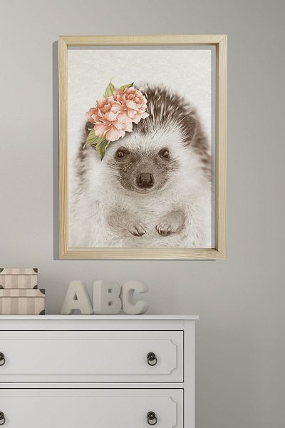 Dekor Loft Pictură murală pentru cameră pentru bebeluși și copii cu ramă de pin natural, arici cu flori portocalii