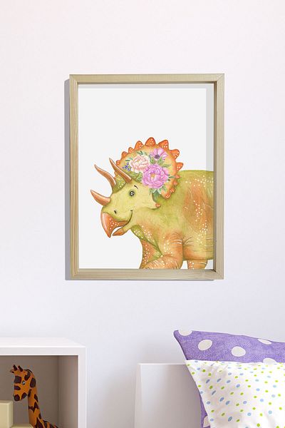 Dekor Loft Pictură murală pentru camera bebelușilor și copiilor cu cadru natural de pin Dinozaur drăguț cu flori