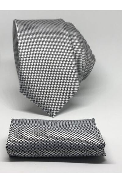 Kravat Gezegeni ربطة عنق بنمط عين الطيور أكسفورد بقصة ضيقة مع منديل رمادي فاتح