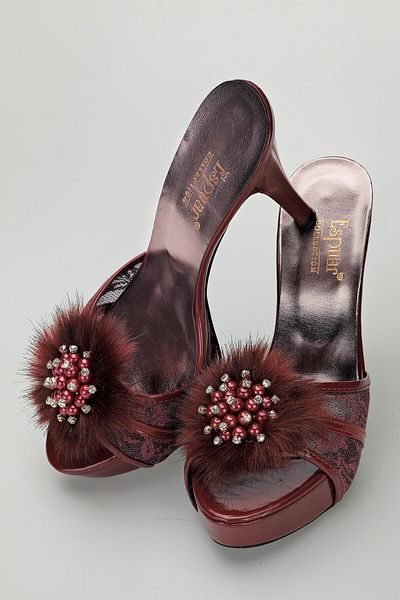 Espuar Women's Furry Round Stone Heeled Slippers Claret Red