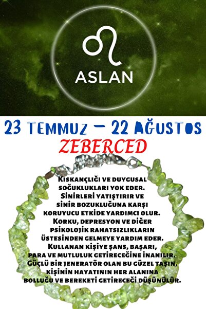 Gümüştel Sertifikalı Burç Taşı Aslan Burcu Zeberced Taşı Bileklik
