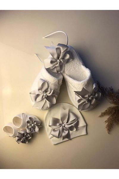 SÜSLÜTASARIM Bow Gray Maternity Slippers Crown Set of 4