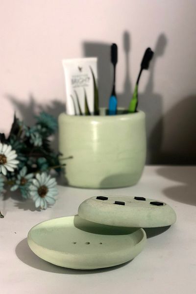 RocArt Home Παστέλ Πράσινο Οβάλ Δοχείο σαπουνιού από σκυρόδεμα