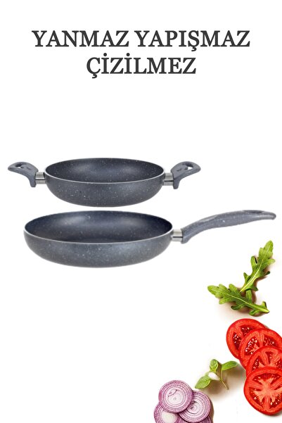 HAZARPAZAR Granit Tava 28 Cm & Çift Kulp Omlet 24 Cm 2'li Set