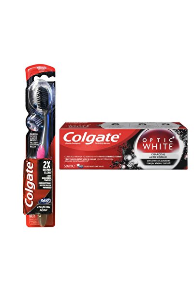 Colgate Optic White Aktif Kömür + 360 Charcoal Siyah Diş Fırçası Seti