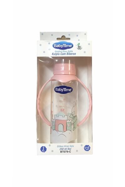 Babytime زجاجة أطفال زجاجية بمقبض 0-6 أشهر+ 250 مل Bt079-c وردي