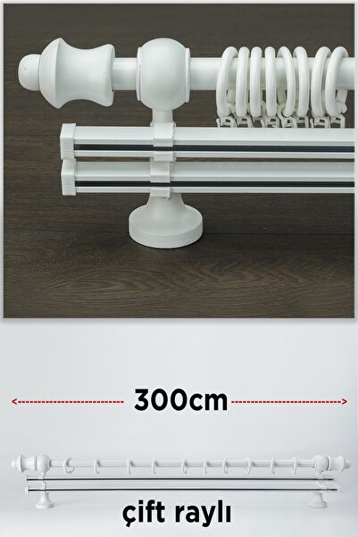 wenthi Suport pentru perdele din lemn alb rustic cu două șine Venti 300 Cm